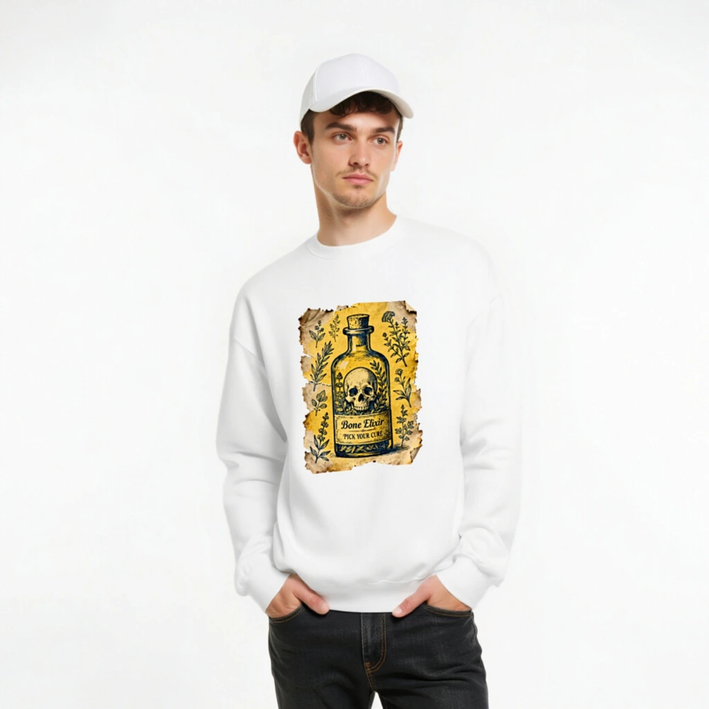 Bone Elixir Unisex Sweatshirt | Vintage Apothecary Skull & Herbs Design - Image 8