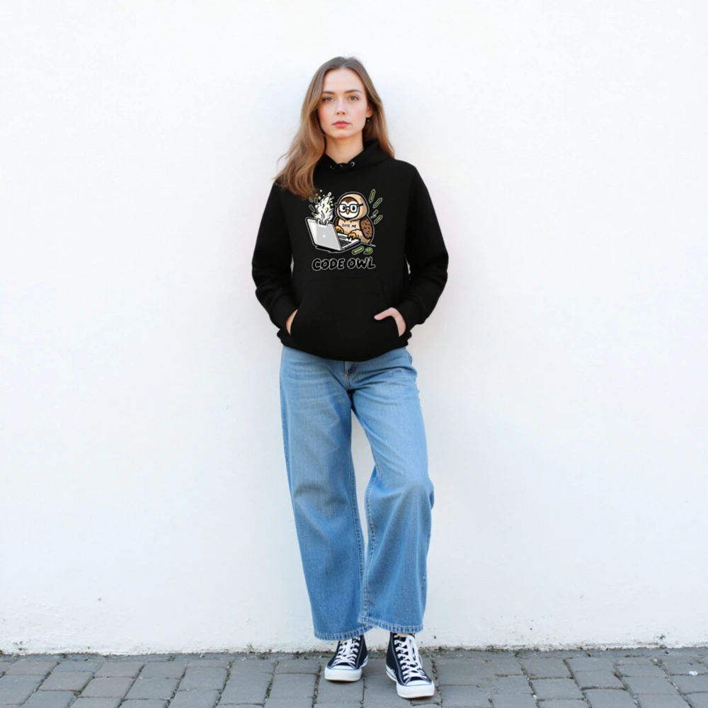 Code Owl Hoodie - Unisex Essential Eco Hoodie with Laptop & Byte Me Design - Image 2