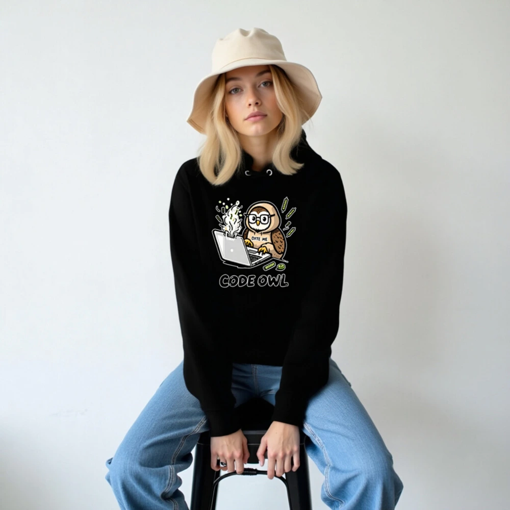 Code Owl Hoodie - Unisex Essential Eco Hoodie with Laptop & Byte Me Design - Image 3