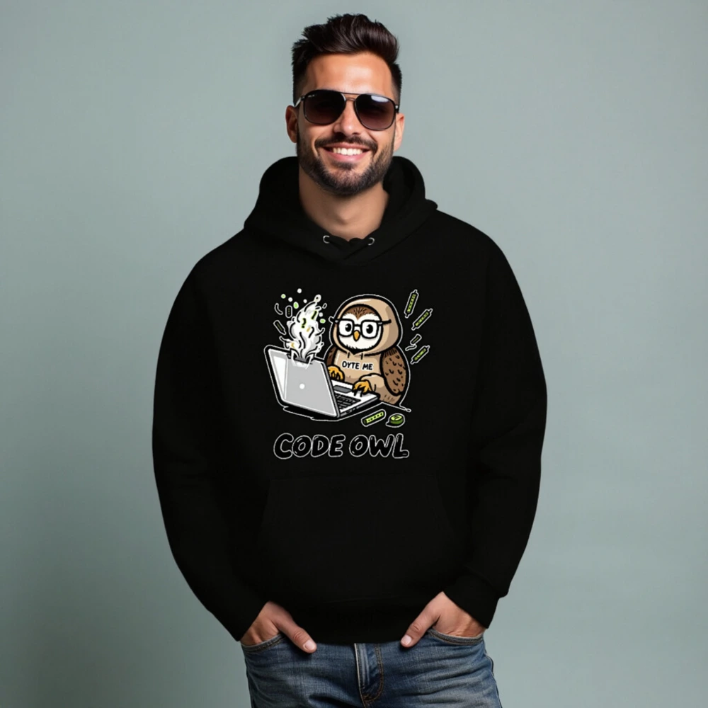Code Owl Hoodie - Unisex Essential Eco Hoodie with Laptop & Byte Me Design - Image 4