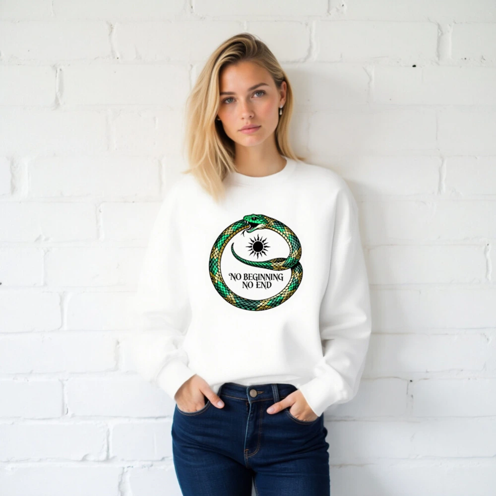 Unisex Crew Neck Sweatshirt - Green & Gold Ouroboros Snake, 'No Beginning No End' Design - Image 2