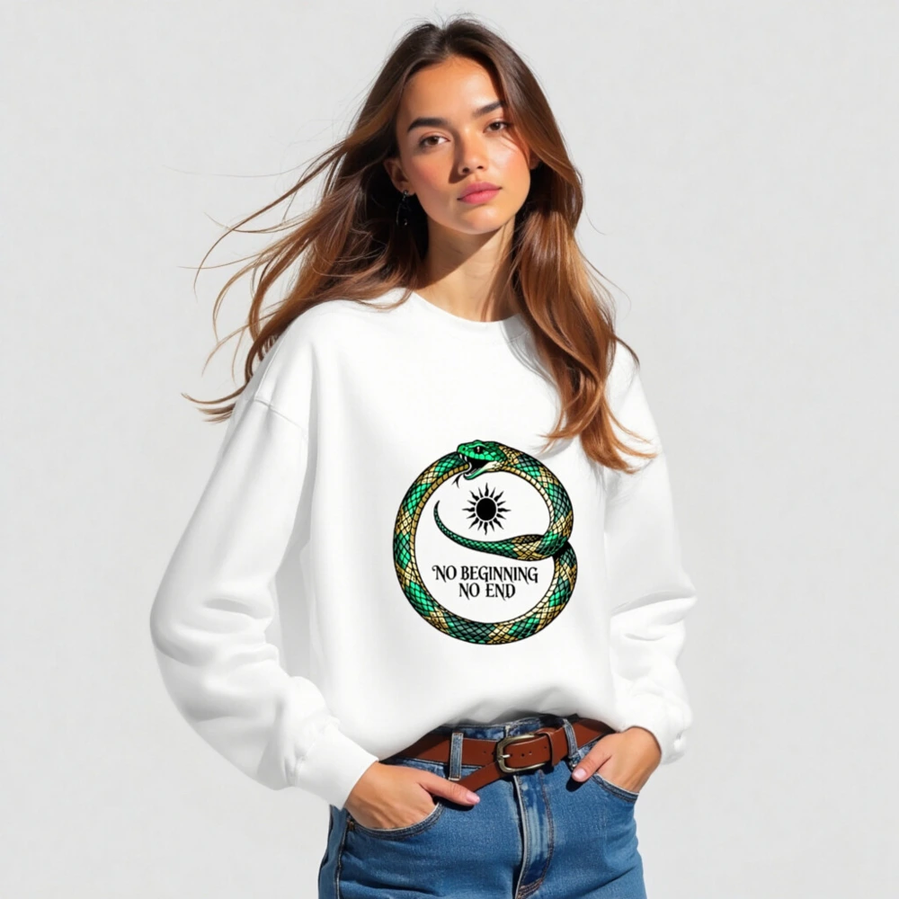 Unisex Crew Neck Sweatshirt - Green & Gold Ouroboros Snake, 'No Beginning No End' Design - Image 3
