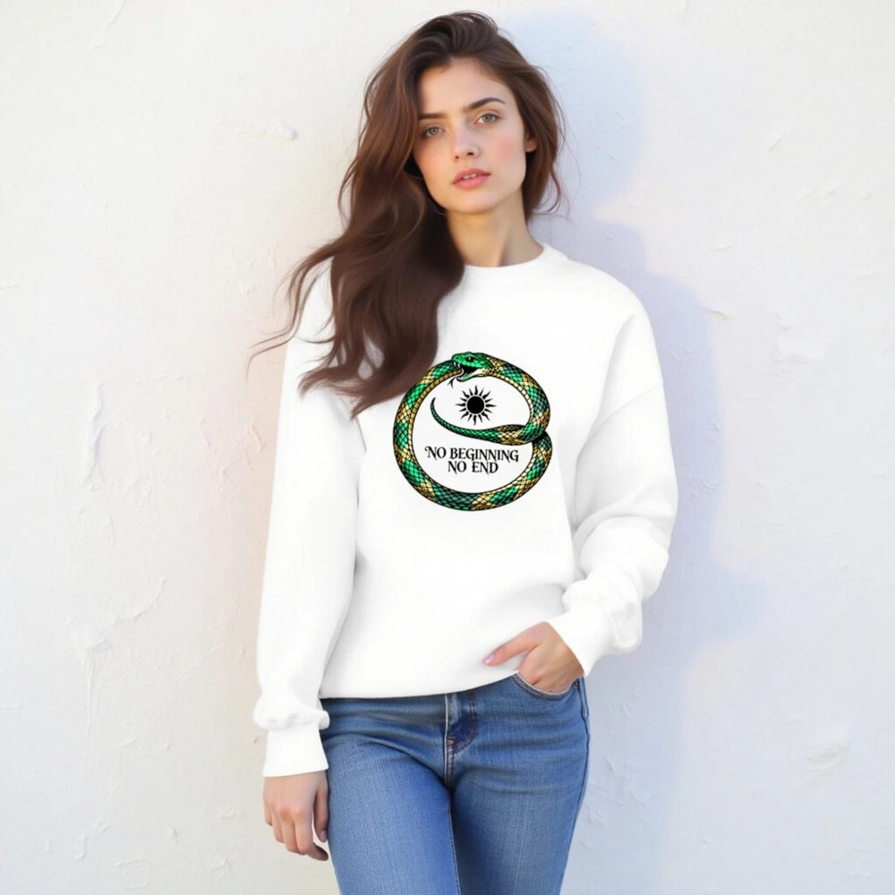 Unisex Crew Neck Sweatshirt - Green & Gold Ouroboros Snake, 'No Beginning No End' Design - Image 4