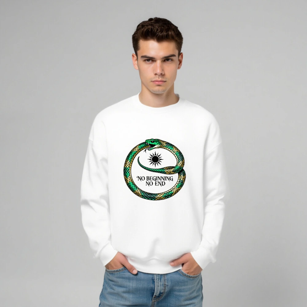 Unisex Crew Neck Sweatshirt - Green & Gold Ouroboros Snake, 'No Beginning No End' Design - Image 6
