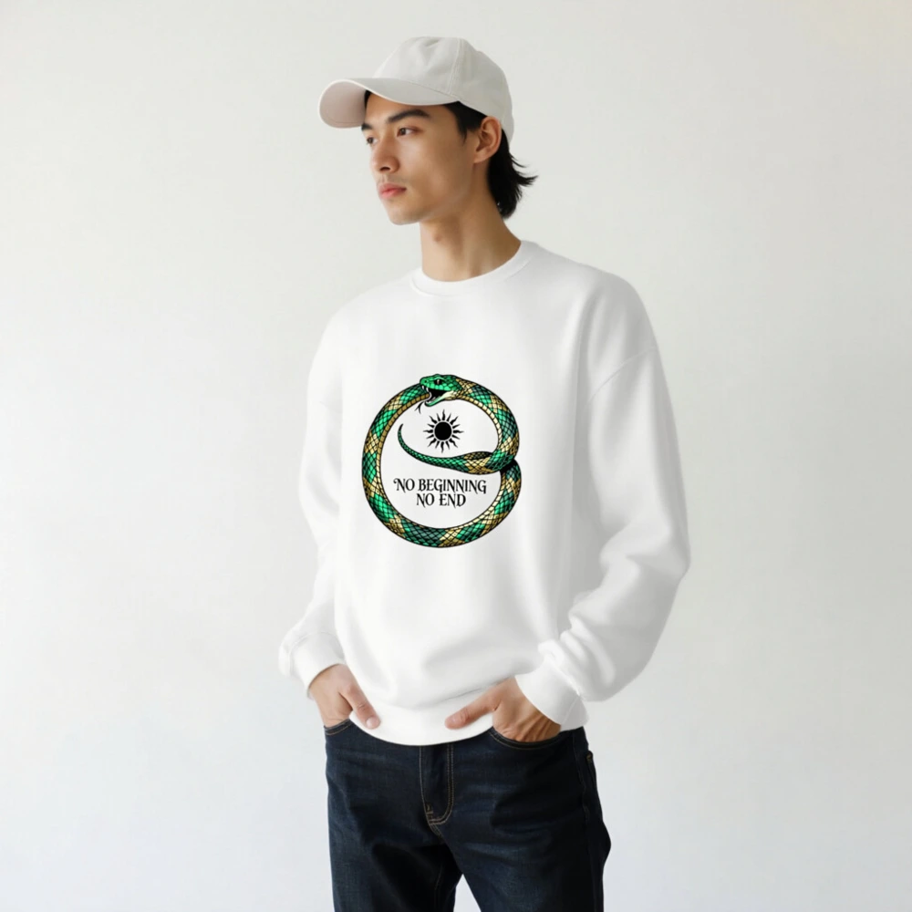 Unisex Crew Neck Sweatshirt - Green & Gold Ouroboros Snake, 'No Beginning No End' Design - Image 7
