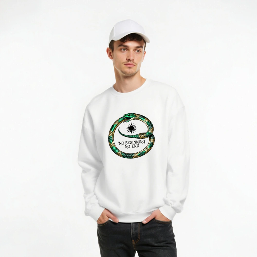 Unisex Crew Neck Sweatshirt - Green & Gold Ouroboros Snake, 'No Beginning No End' Design - Image 8