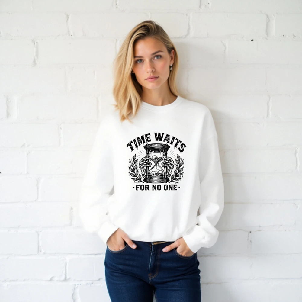 Unisex Crew Neck Sweatshirt - Time Waits For No One Hourglass Skull Design - Image 2
