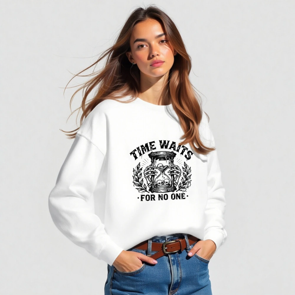 Unisex Crew Neck Sweatshirt - Time Waits For No One Hourglass Skull Design - Image 3