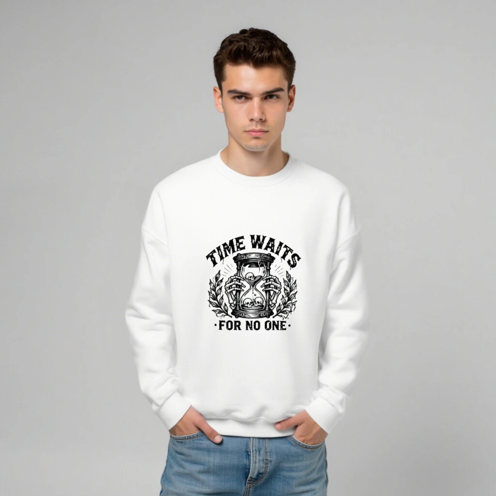 Unisex Crew Neck Sweatshirt - Time Waits For No One Hourglass Skull Design - Image 6