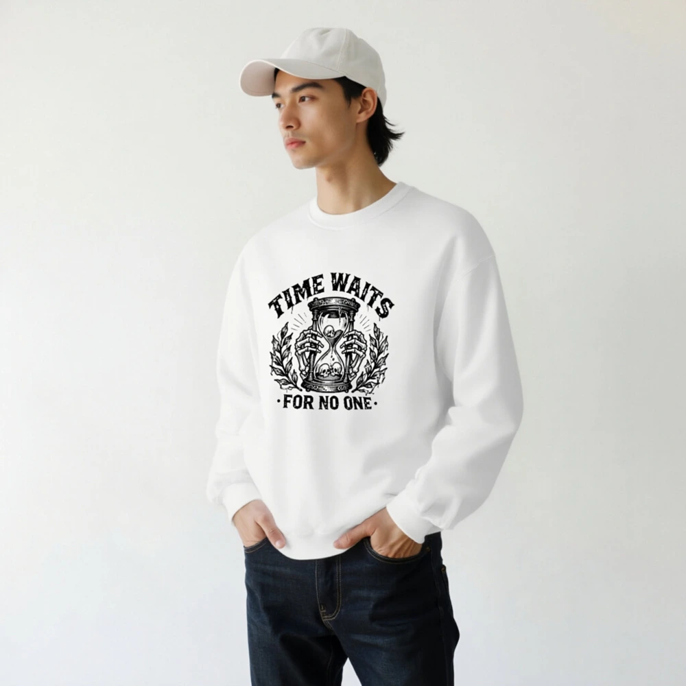 Unisex Crew Neck Sweatshirt - Time Waits For No One Hourglass Skull Design - Image 7