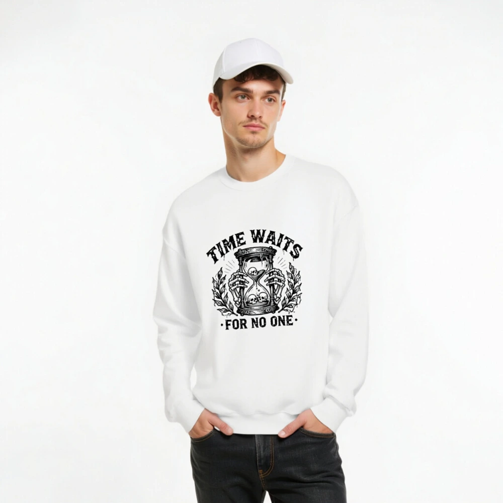 Unisex Crew Neck Sweatshirt - Time Waits For No One Hourglass Skull Design - Image 8