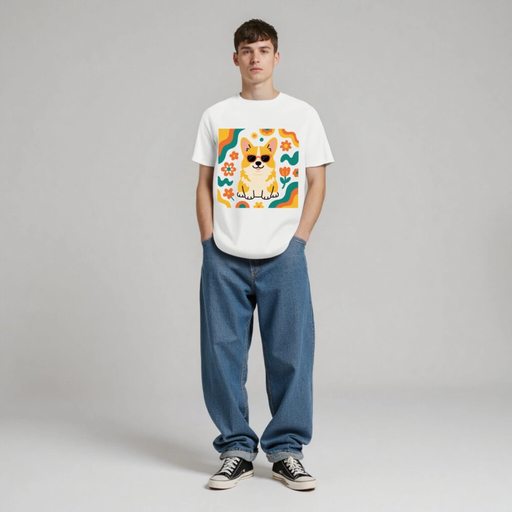 Unisex Organic Cotton T-Shirt with Cute Corgi in Sunglasses & Floral Pattern - Image 3