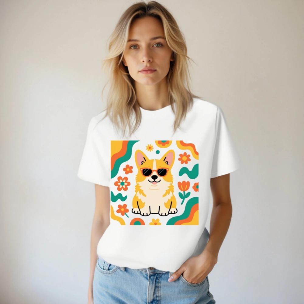 Unisex Organic Cotton T-Shirt with Cute Corgi in Sunglasses & Floral Pattern - Image 4