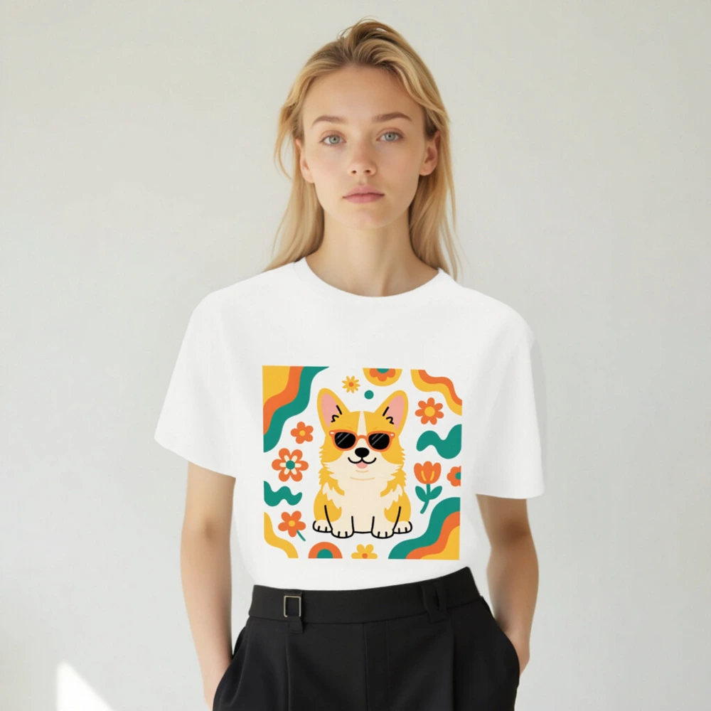 Unisex Organic Cotton T-Shirt with Cute Corgi in Sunglasses & Floral Pattern - Image 5