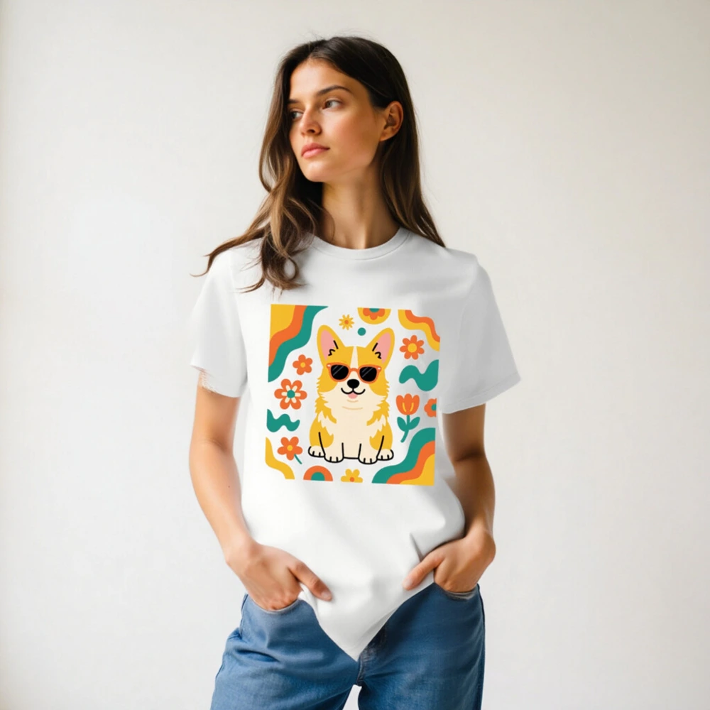 Unisex Organic Cotton T-Shirt with Cute Corgi in Sunglasses & Floral Pattern - Image 6