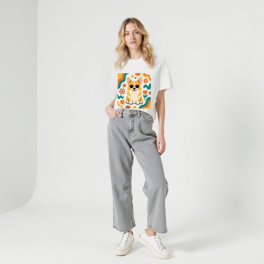 Unisex Organic Cotton T-Shirt with Cute Corgi in Sunglasses & Floral Pattern - Image 7