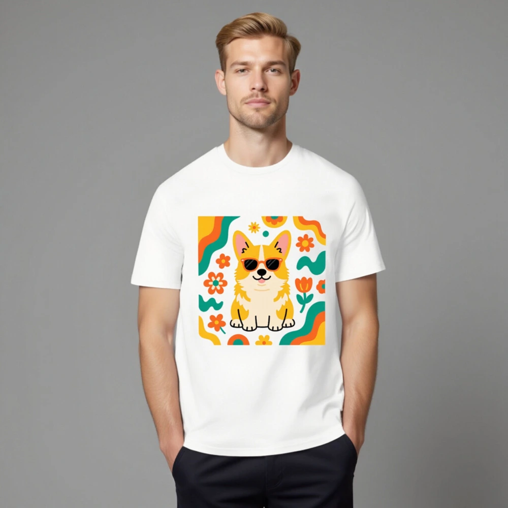 Unisex Organic Cotton T-Shirt with Cute Corgi in Sunglasses & Floral Pattern - Image 8