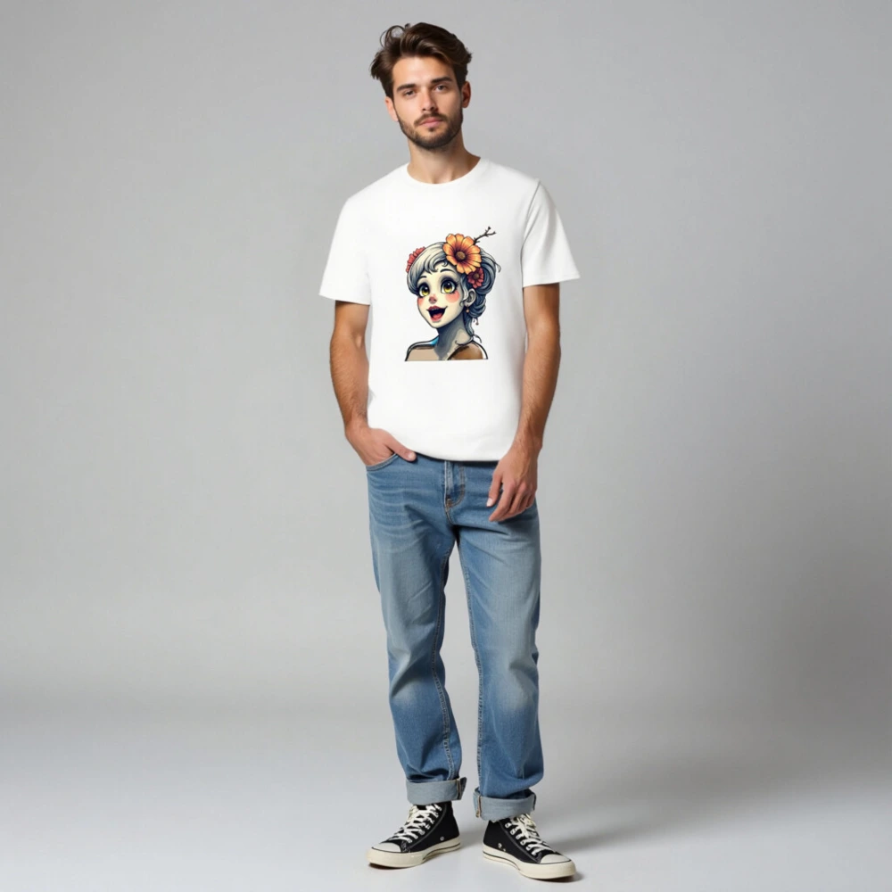 Unisex Organic Cotton T-Shirt with Floral Girl Art Design - Image 2