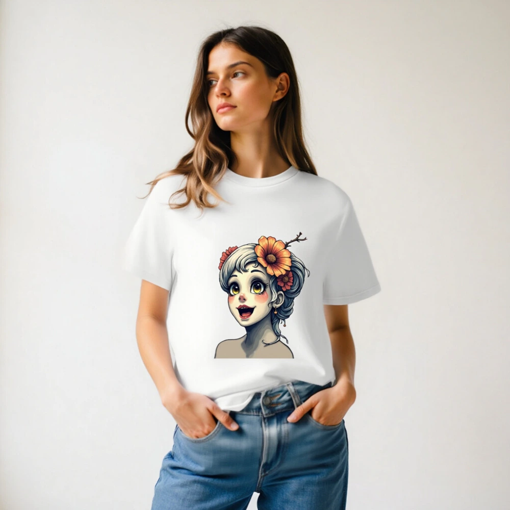 Unisex Organic Cotton T-Shirt with Floral Girl Art Design - Image 6