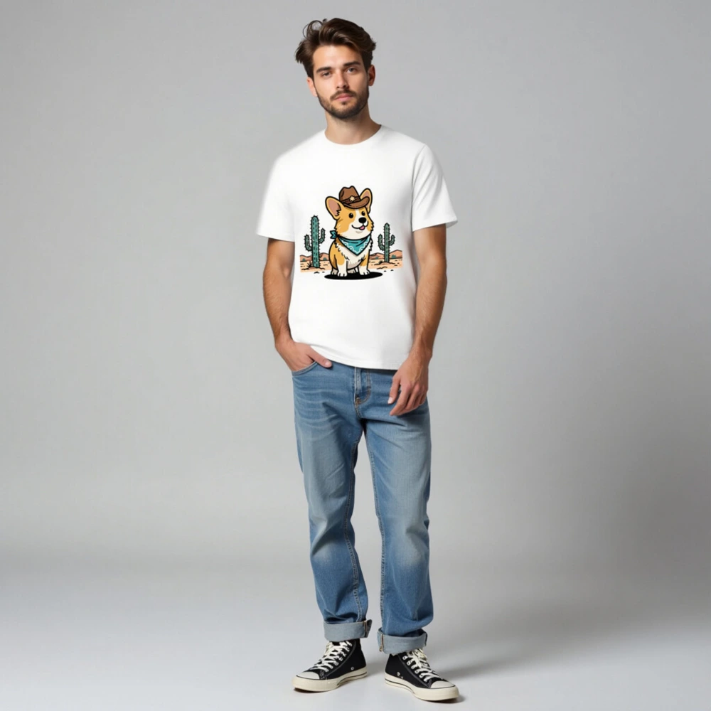 Unisex Organic Cotton Cowboy Corgi T-Shirt | Eco-Friendly Desert Design - Image 2