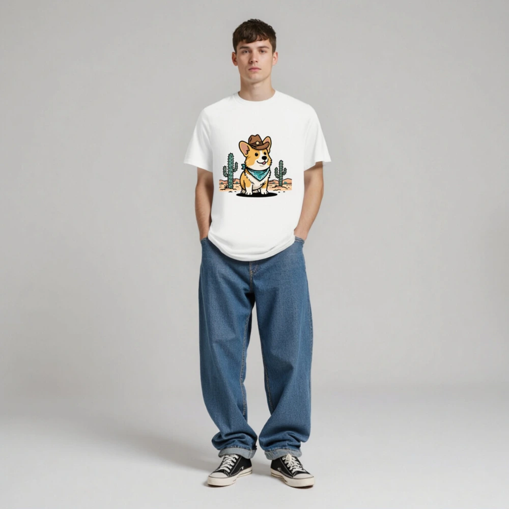 Unisex Organic Cotton Cowboy Corgi T-Shirt | Eco-Friendly Desert Design - Image 3