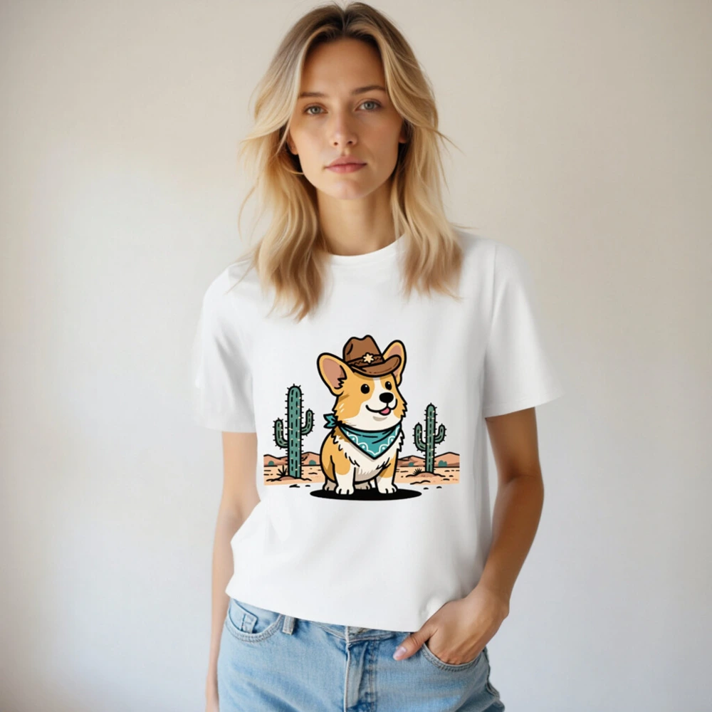 Unisex Organic Cotton Cowboy Corgi T-Shirt | Eco-Friendly Desert Design - Image 4