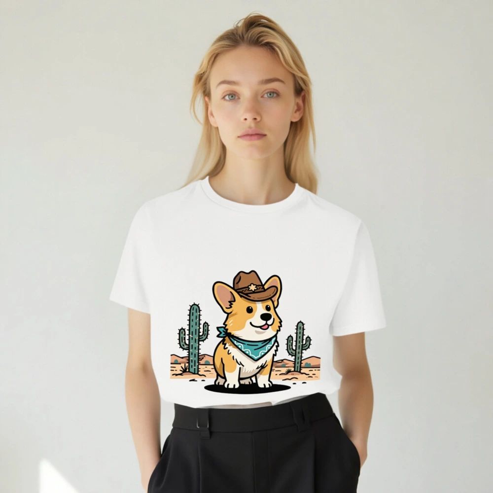 Unisex Organic Cotton Cowboy Corgi T-Shirt | Eco-Friendly Desert Design - Image 5