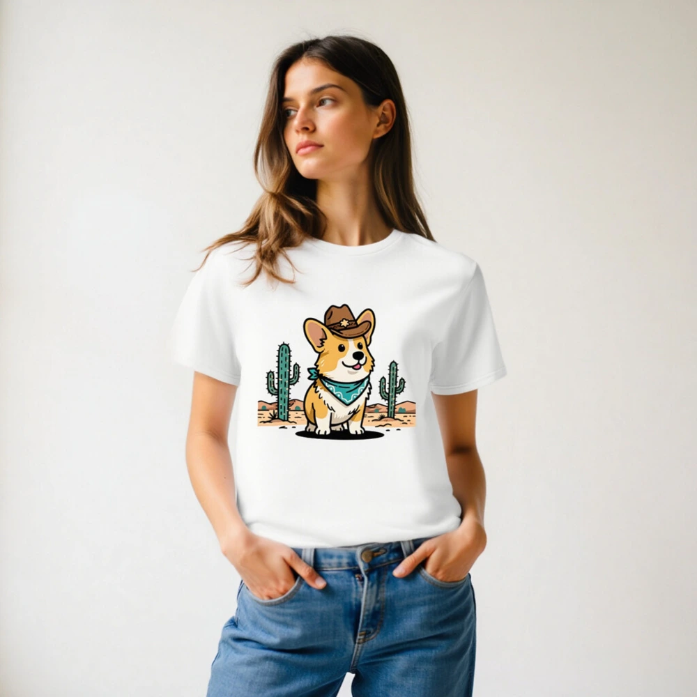 Unisex Organic Cotton Cowboy Corgi T-Shirt | Eco-Friendly Desert Design - Image 6