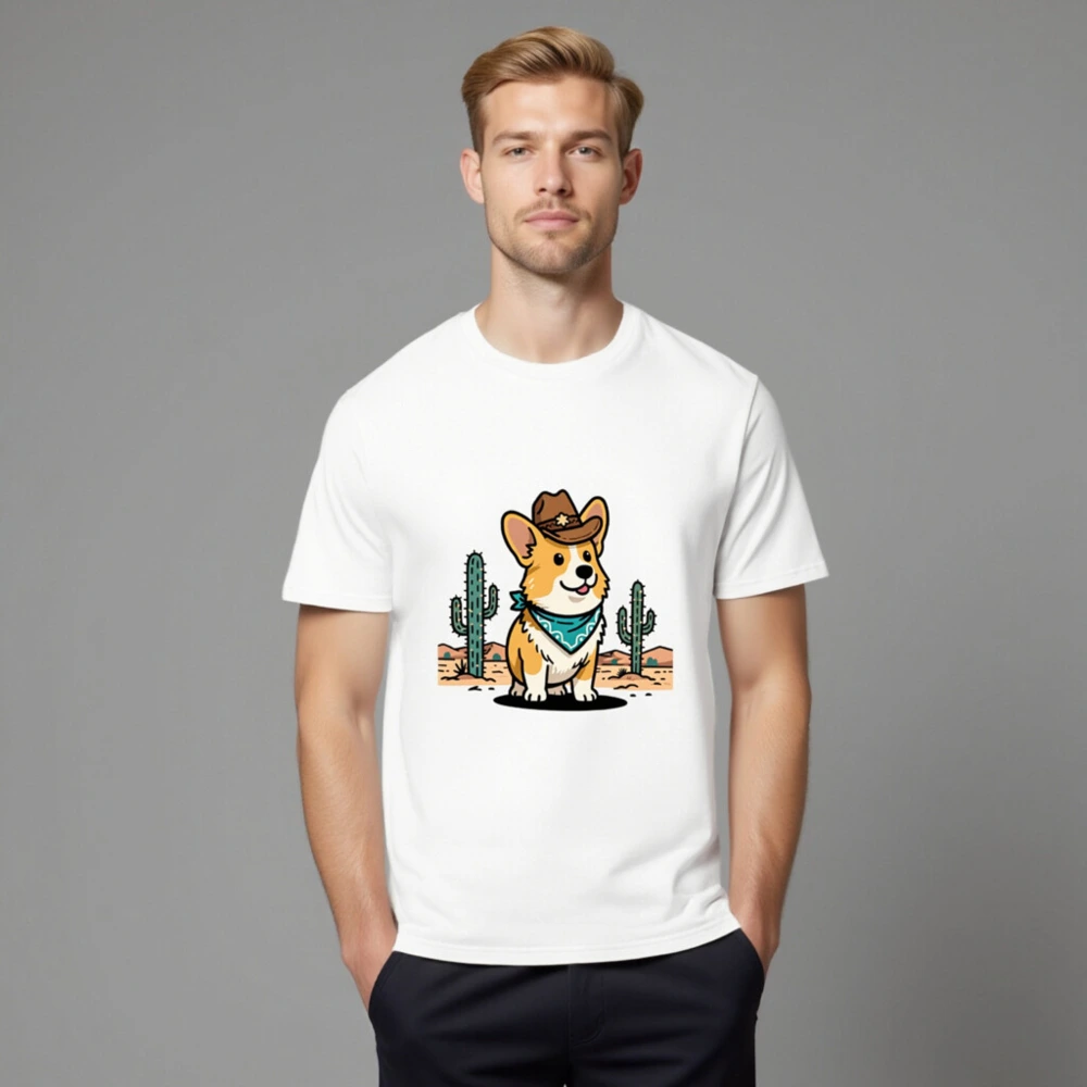 Unisex Organic Cotton Cowboy Corgi T-Shirt | Eco-Friendly Desert Design - Image 8