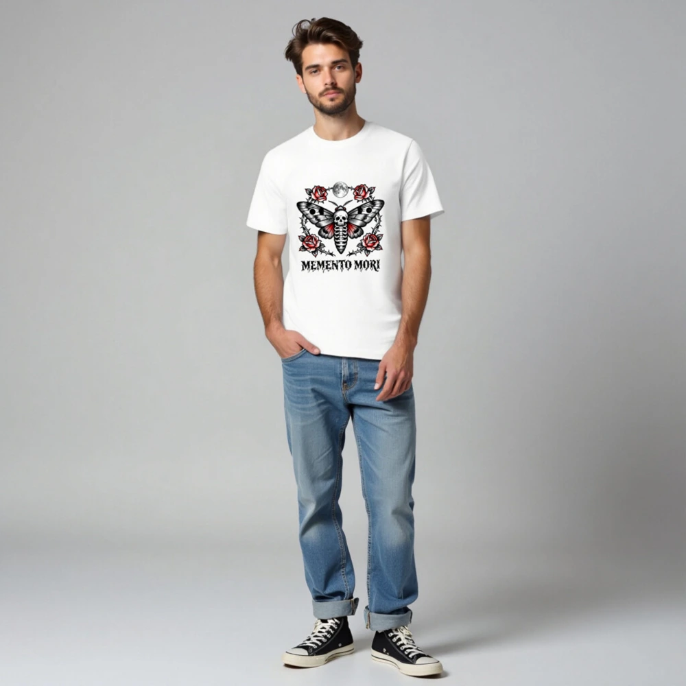 Memento Mori Moth T-Shirt - Unisex Organic Cotton Tee with Skull & Roses Design - Image 2