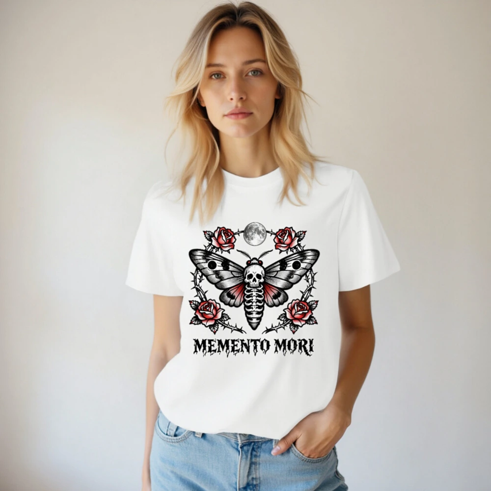 Memento Mori Moth T-Shirt - Unisex Organic Cotton Tee with Skull & Roses Design - Image 4