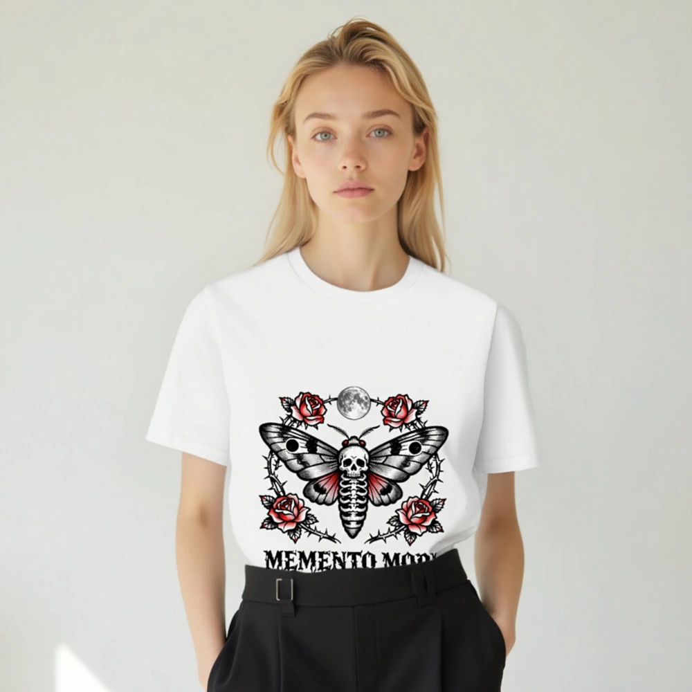 Memento Mori Moth T-Shirt - Unisex Organic Cotton Tee with Skull & Roses Design - Image 5