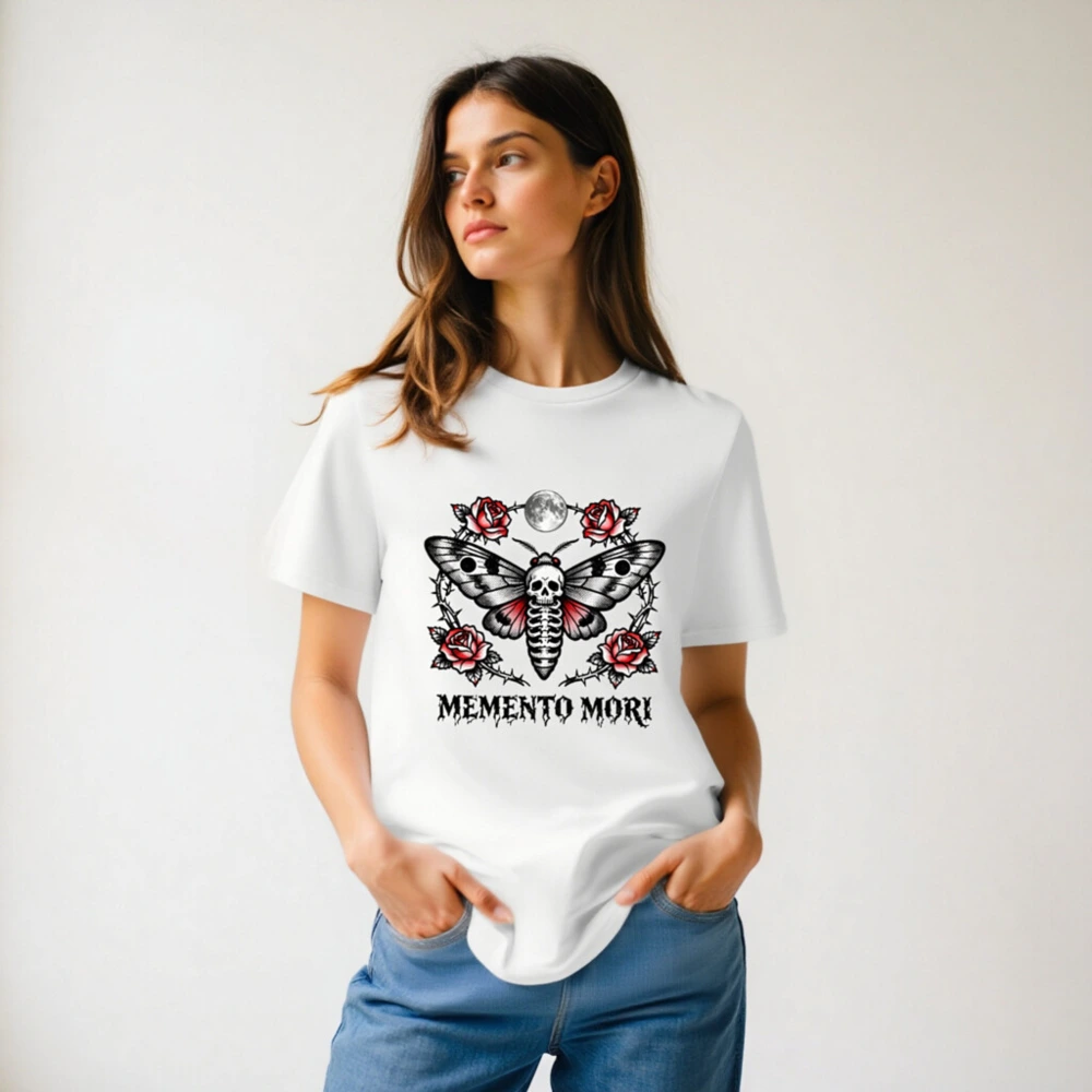 Memento Mori Moth T-Shirt - Unisex Organic Cotton Tee with Skull & Roses Design - Image 6