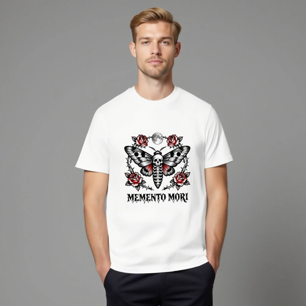 Memento Mori Moth T-Shirt - Unisex Organic Cotton Tee with Skull & Roses Design - Image 8