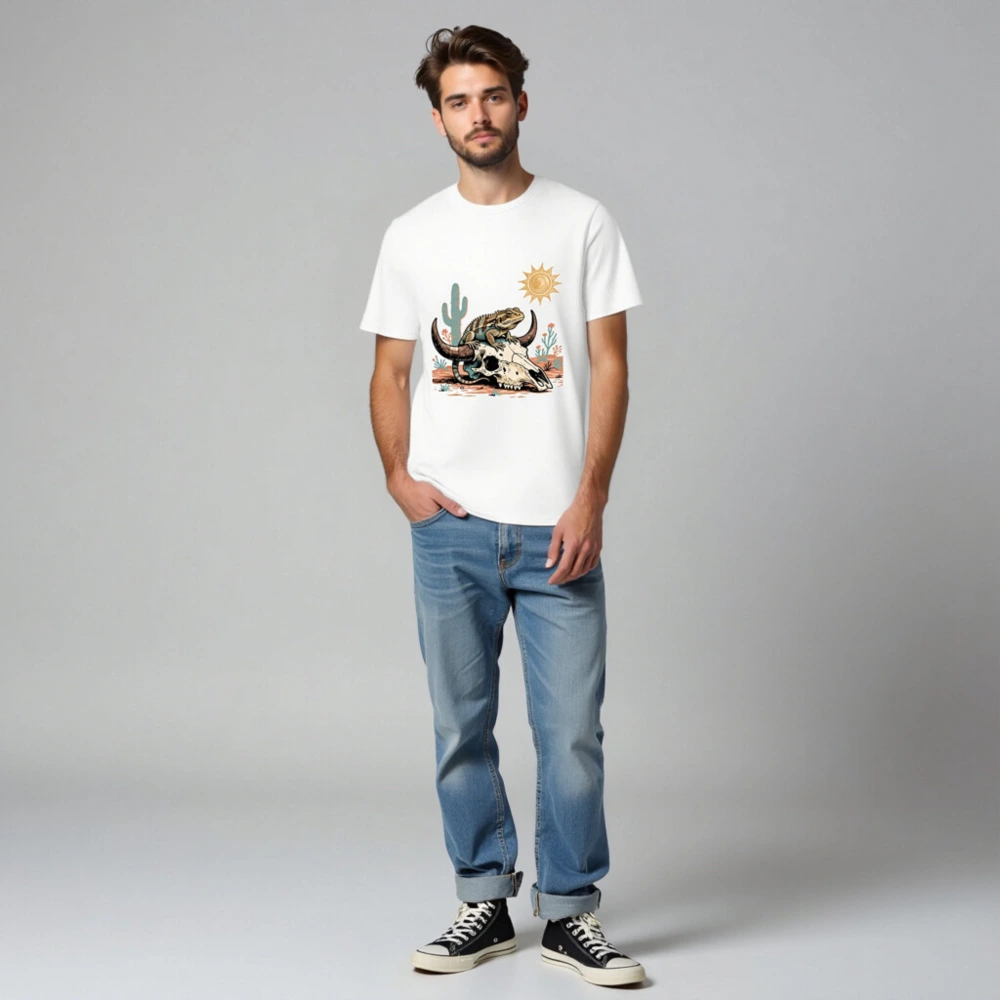 Unisex Organic Cotton T-Shirt with Desert Lizard & Skull Art - Image 2