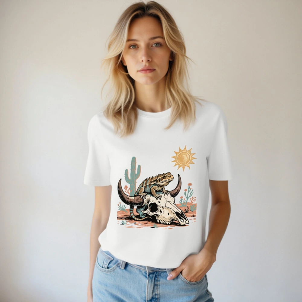 Unisex Organic Cotton T-Shirt with Desert Lizard & Skull Art - Image 4