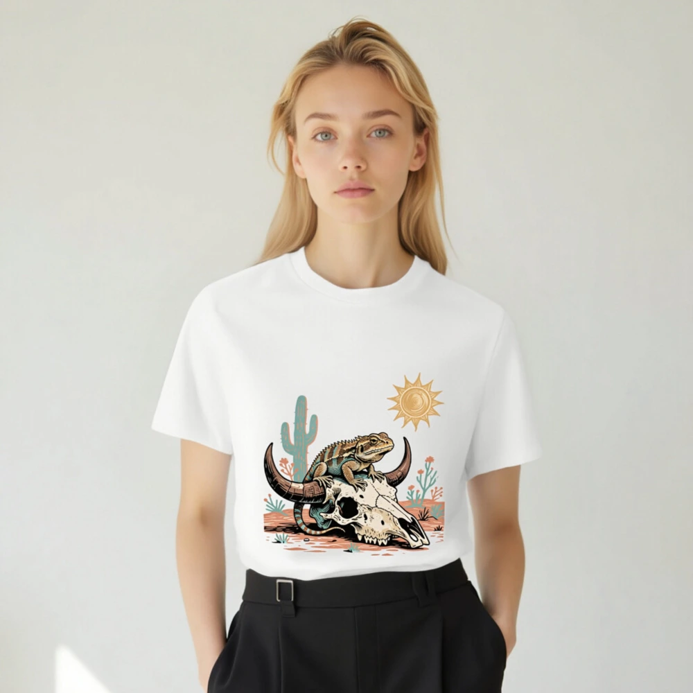 Unisex Organic Cotton T-Shirt with Desert Lizard & Skull Art - Image 5