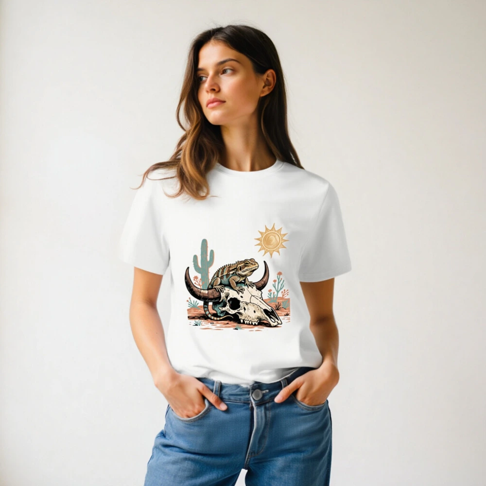 Unisex Organic Cotton T-Shirt with Desert Lizard & Skull Art - Image 6