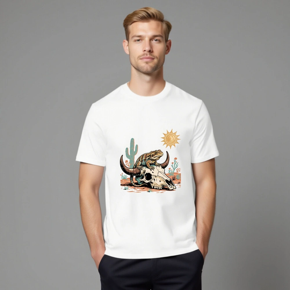 Unisex Organic Cotton T-Shirt with Desert Lizard & Skull Art - Image 8