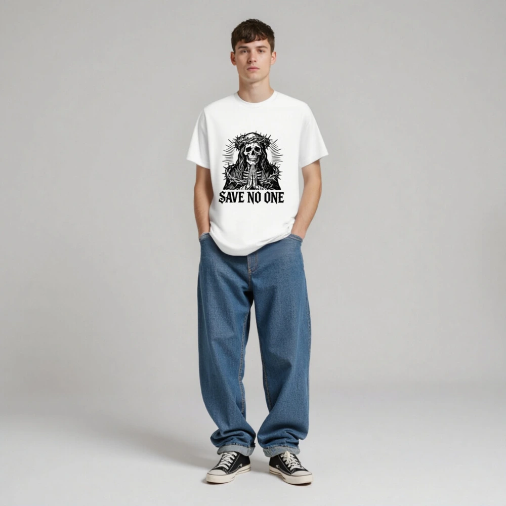 Unisex Organic Cotton T-Shirt - Skull with Crown of Thorns, 'Save No One' Gothic Design - Image 3