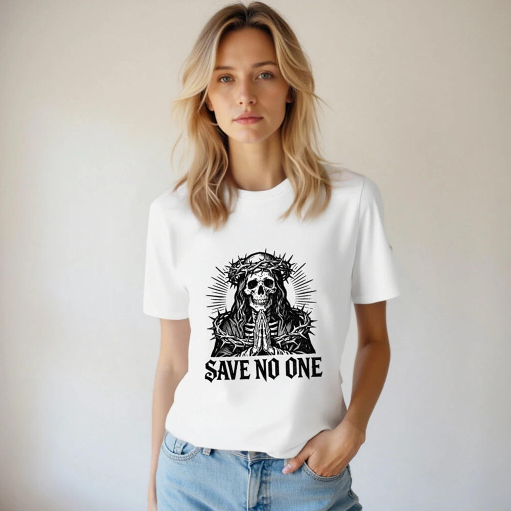 Unisex Organic Cotton T-Shirt - Skull with Crown of Thorns, 'Save No One' Gothic Design - Image 4