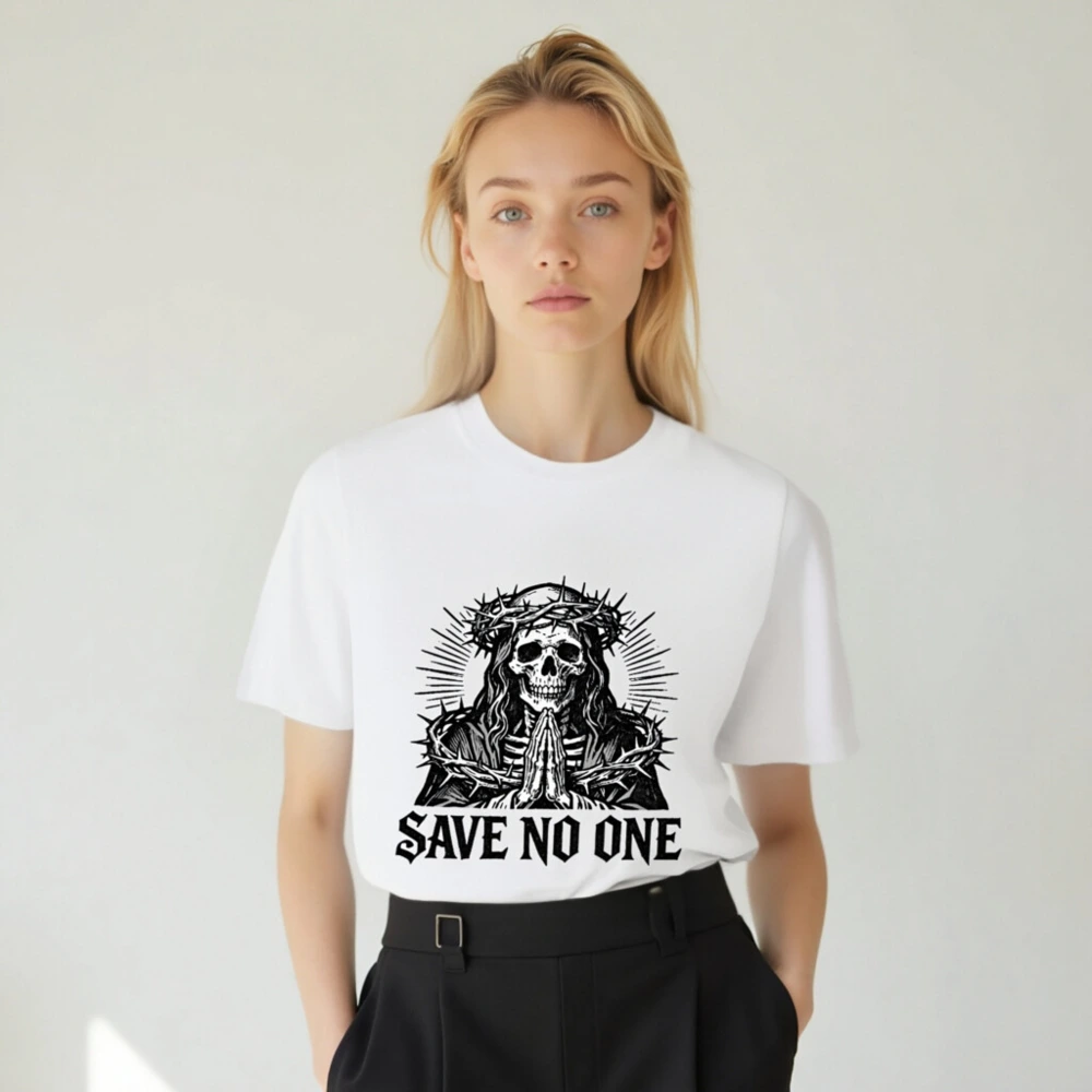 Unisex Organic Cotton T-Shirt - Skull with Crown of Thorns, 'Save No One' Gothic Design - Image 5