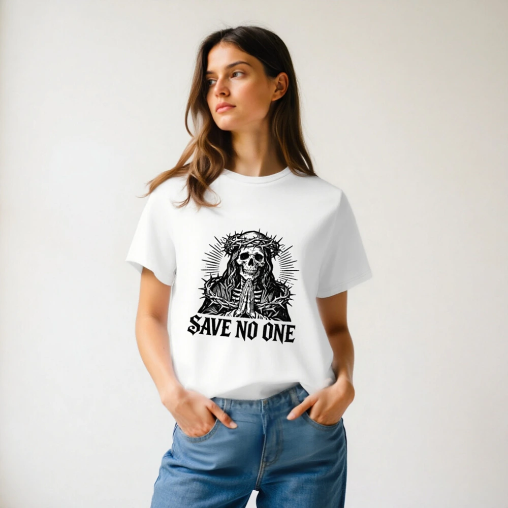 Unisex Organic Cotton T-Shirt - Skull with Crown of Thorns, 'Save No One' Gothic Design - Image 6
