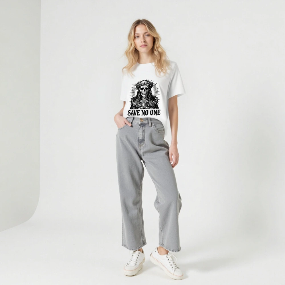 Unisex Organic Cotton T-Shirt - Skull with Crown of Thorns, 'Save No One' Gothic Design - Image 7