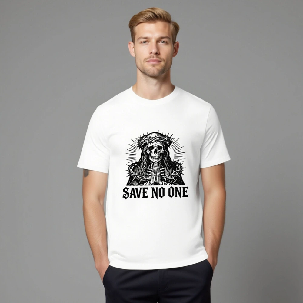 Unisex Organic Cotton T-Shirt - Skull with Crown of Thorns, 'Save No One' Gothic Design - Image 8