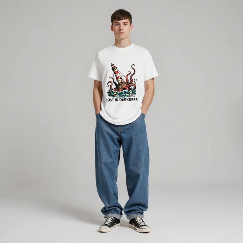 Unisex Organic Cotton T-Shirt - Lost in Darkness Lighthouse & Octopus Graphic - Image 3