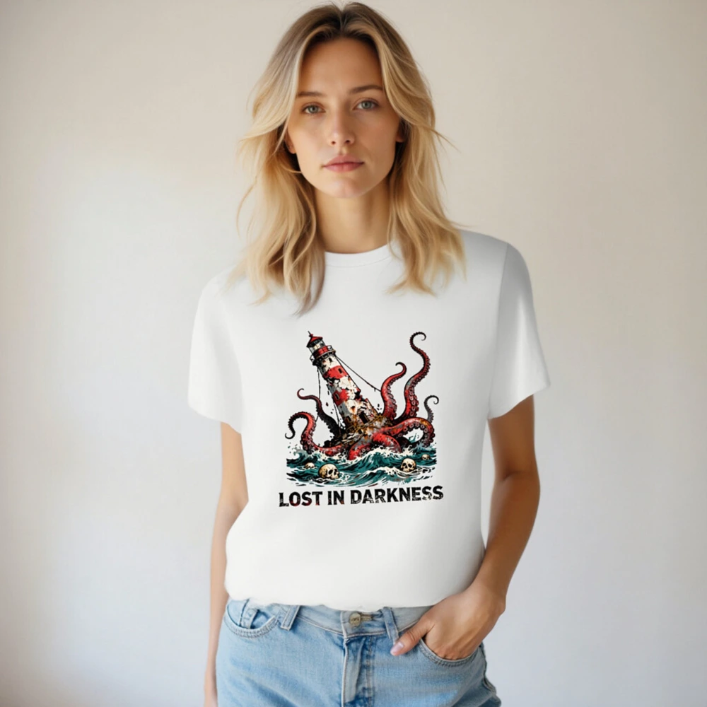 Unisex Organic Cotton T-Shirt - Lost in Darkness Lighthouse & Octopus Graphic - Image 4