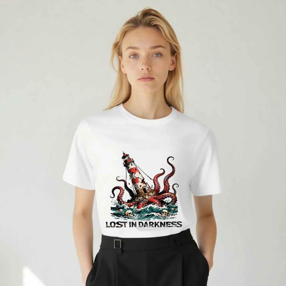 Unisex Organic Cotton T-Shirt - Lost in Darkness Lighthouse & Octopus Graphic - Image 5