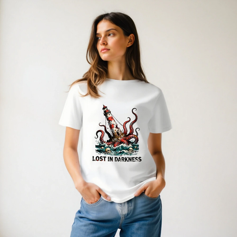Unisex Organic Cotton T-Shirt - Lost in Darkness Lighthouse & Octopus Graphic - Image 6