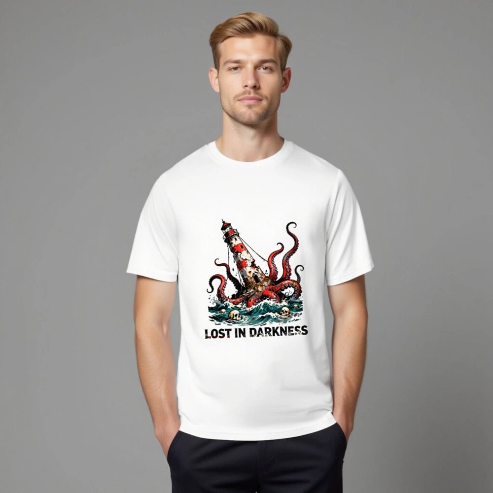 Unisex Organic Cotton T-Shirt - Lost in Darkness Lighthouse & Octopus Graphic - Image 8